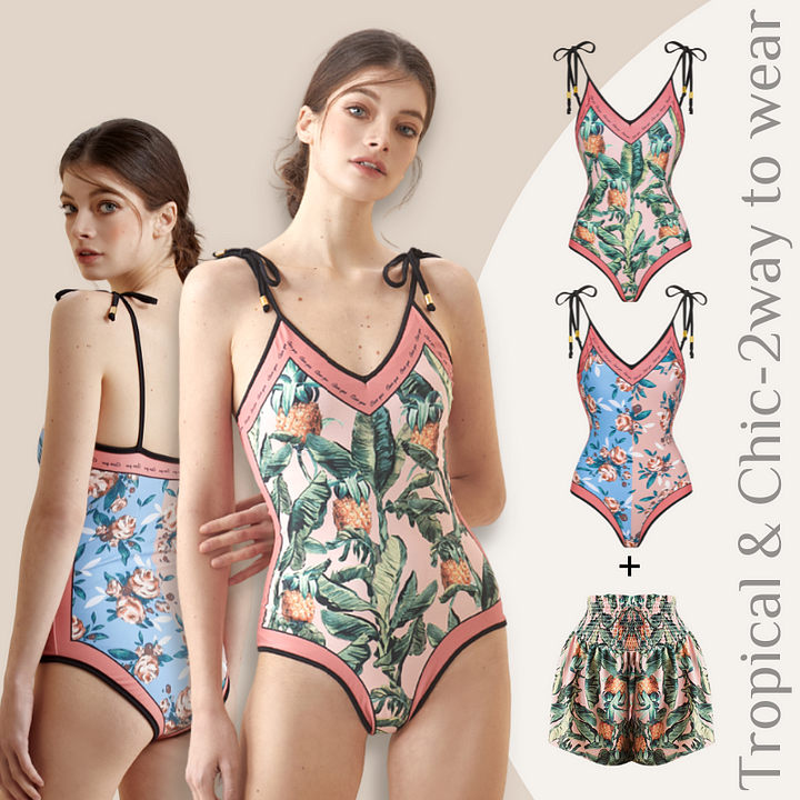Reversible Splicing Vintage Print Swimsuit and Shorts Flaxmaker