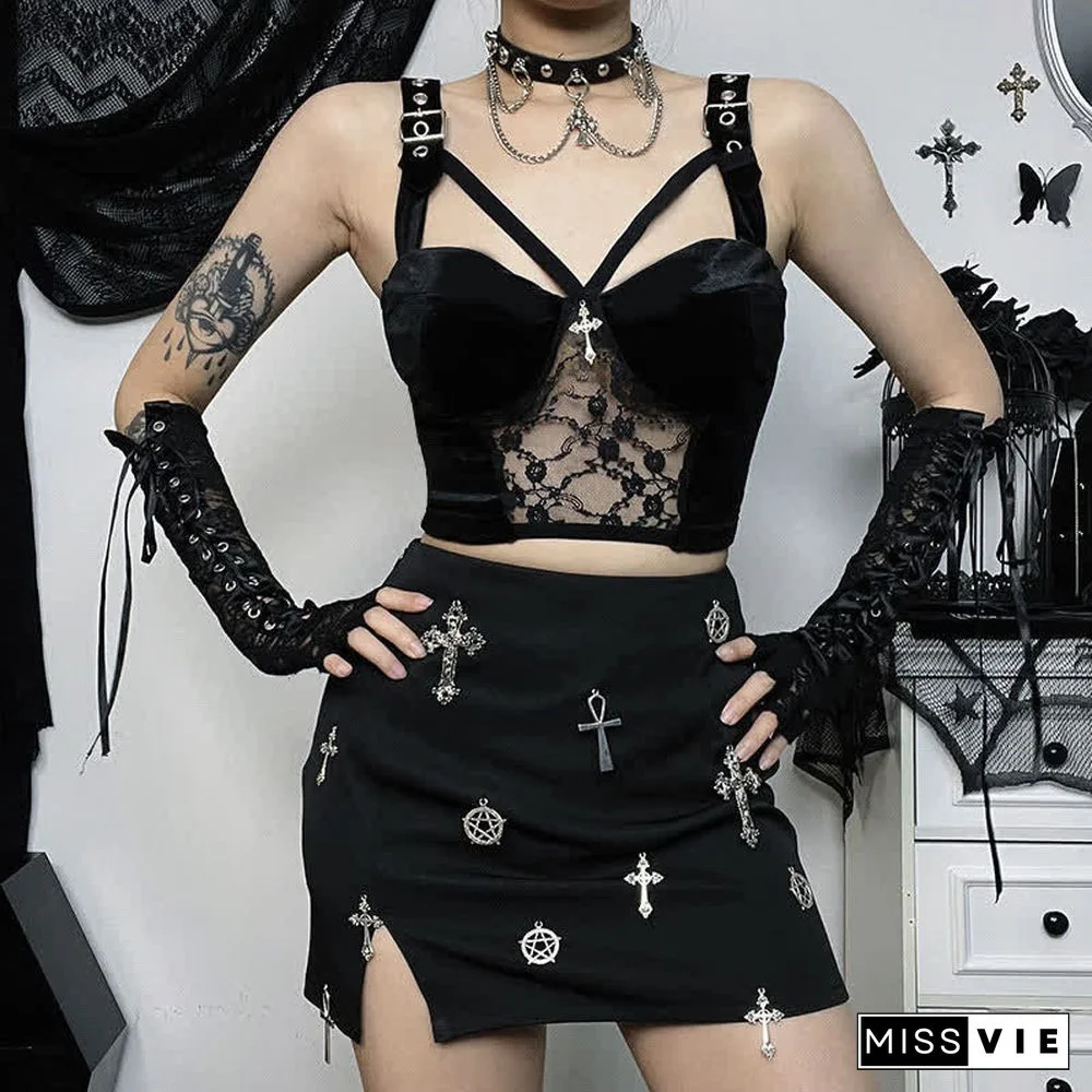 Gothic Cross Buckle Lace Hollow Out Crop Top
