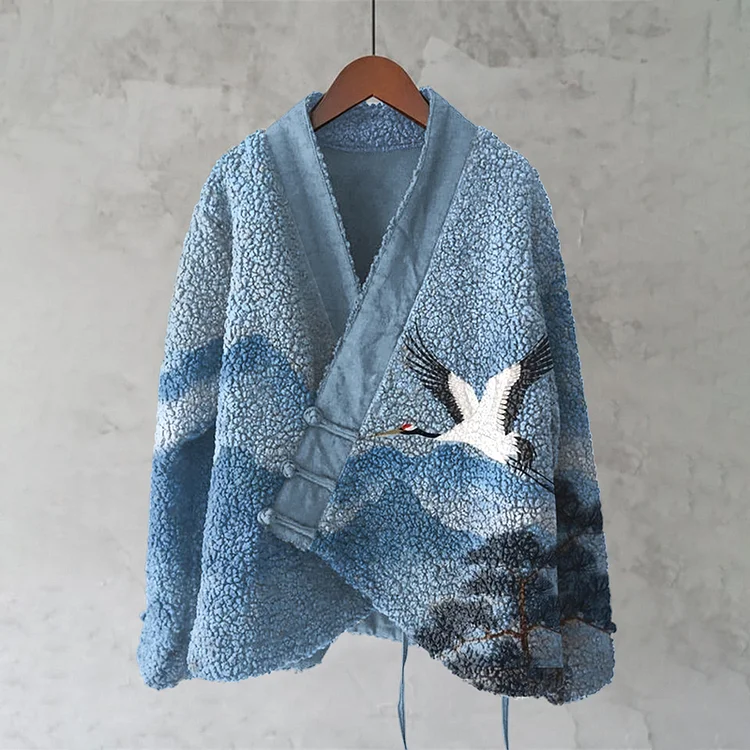 VChics Vintage Japanese Crane Pine Art Plush Kimono Cardigan