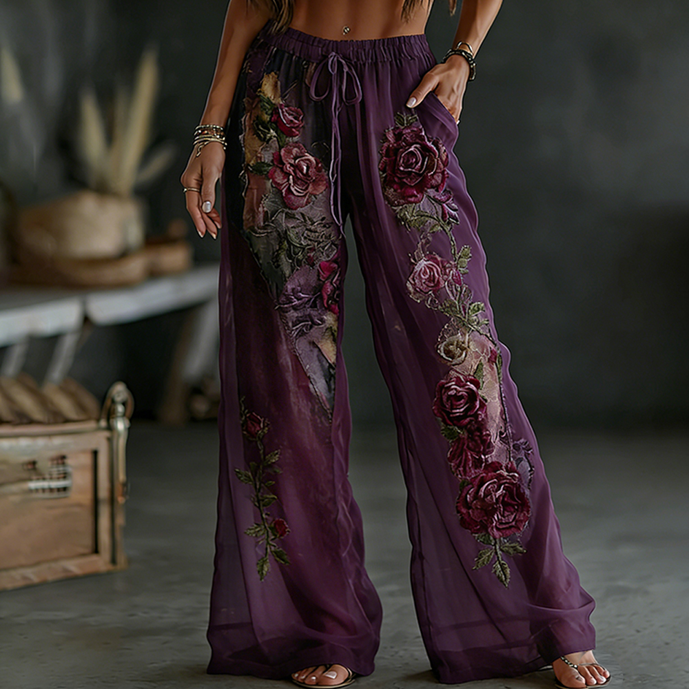 Women's Faded Rose Woven Embroidery Purple Patchwork Cotton Linen Flowy Pants elevenforest