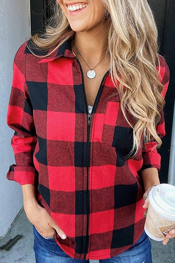 Shirt Collar Plaid Zipper Pocket Shacket