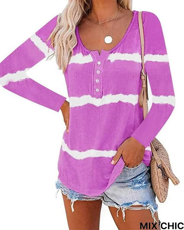 Women's Blouse Shirt Striped Long Sleeve Print U Neck Tops Basic Top Purple Orange Khaki