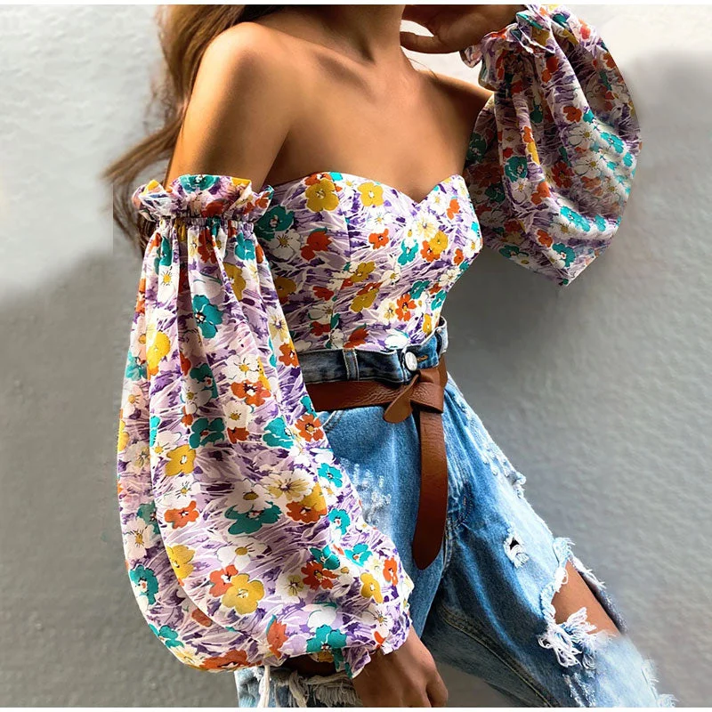 wsevypo Chic Women Floral Off Shoulder Blouse Tops Sexy Frill Long Lantern Sleeve Strapless Corset Tops Fashion Slim Fit Tops