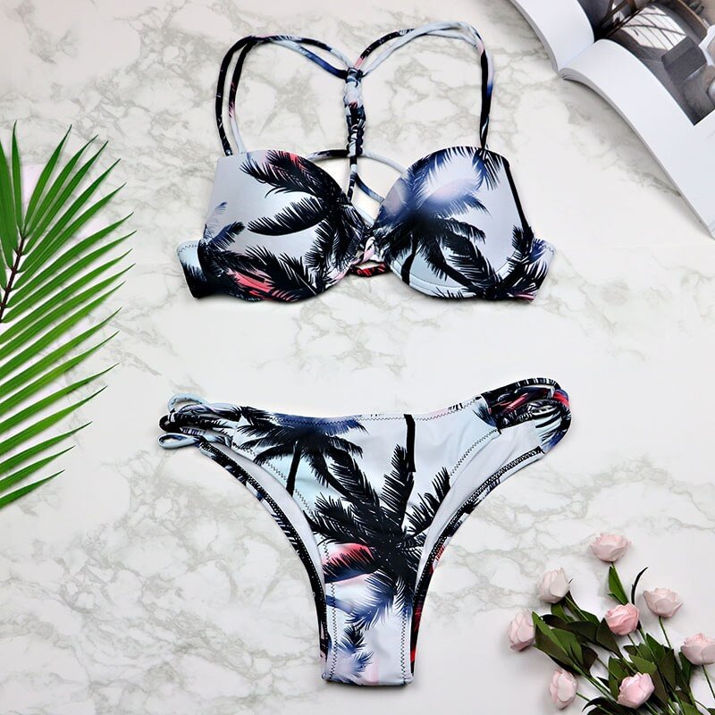 Bikinis Women 2020 Sexy Swimwear Leaf Print Bikini Halter Swimsuit Bathing Suit Women Cute Bikini Set Monokini Underwire 3184