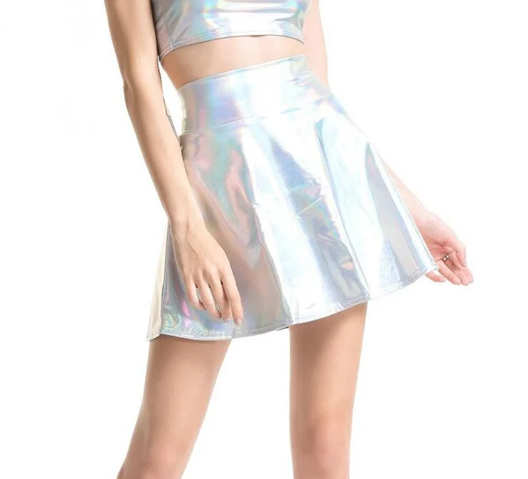 CUHAKCI Short Sexy High Waist Pleated Skirts Women Solid Casual Silver Gold Mini Laser Women Party Club