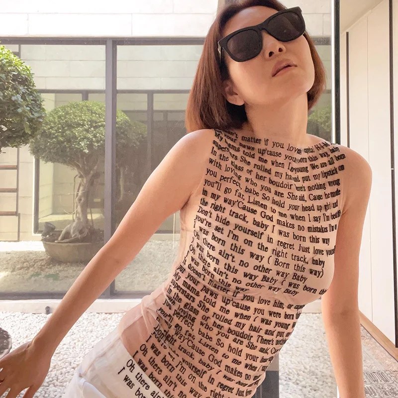 Uveng 2024Ins Spring And Summer New Fashion Print Collar Sleeveless Slim Top T-Shirt Women's Clothing