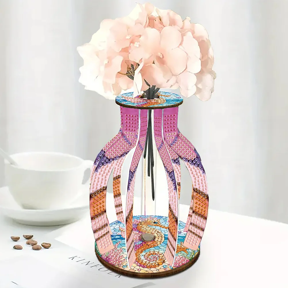 Acrylic Wood Seahorse 5D DIY Diamond Painting Flower Vase for Home Office Decor