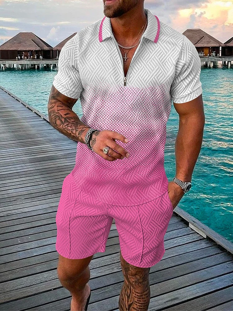 Men's Fashion Printed Zip Polo Shirt and Shorts Two-Piece Suits