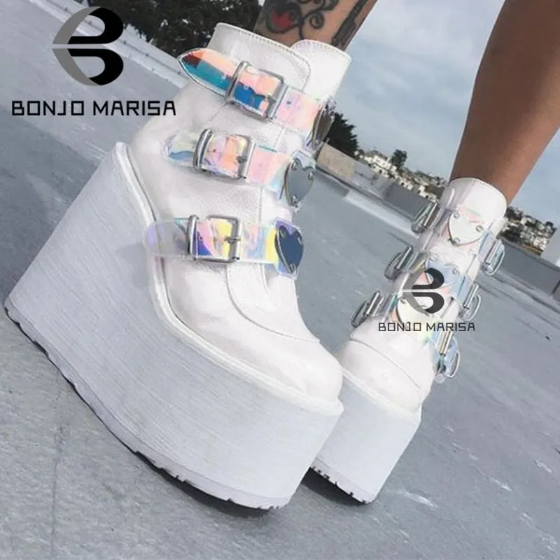 BONJOMARISA Dropshipping INS Hot Brand High Platform Ankle Boots Women 2020 Fashion PVC Strap Decorating High Wedges Shoes Woman