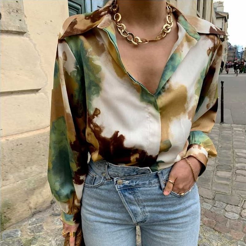 Autumn 2021 Women Fashion Vintage Blouse Turn-down Collar Long-sleeved Long Sleeve Panelled Green Print Loose Shirt Blusas 15160