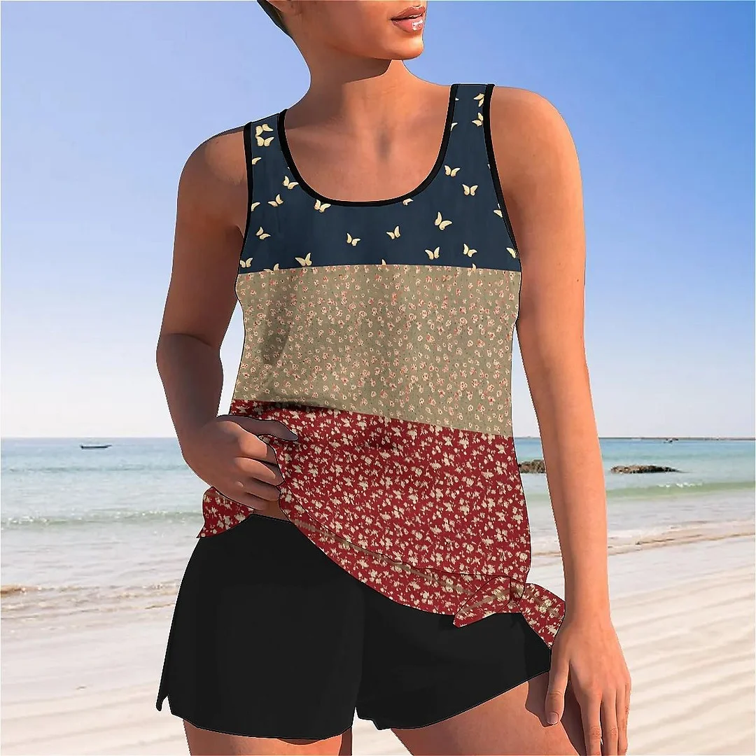 Bowknot Butterfly,Floral,Red,Light Coffe,Navy,Stitch Mid Waisted Tankini Set - Plus Size Available