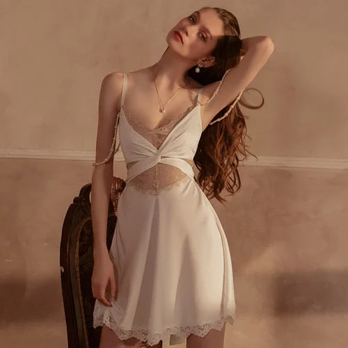 Free Removal with Beads Sexy Sleepwear Lace Cross Strap Nightdress Women Summer Temptation Lingerie Night Gown Multicolor