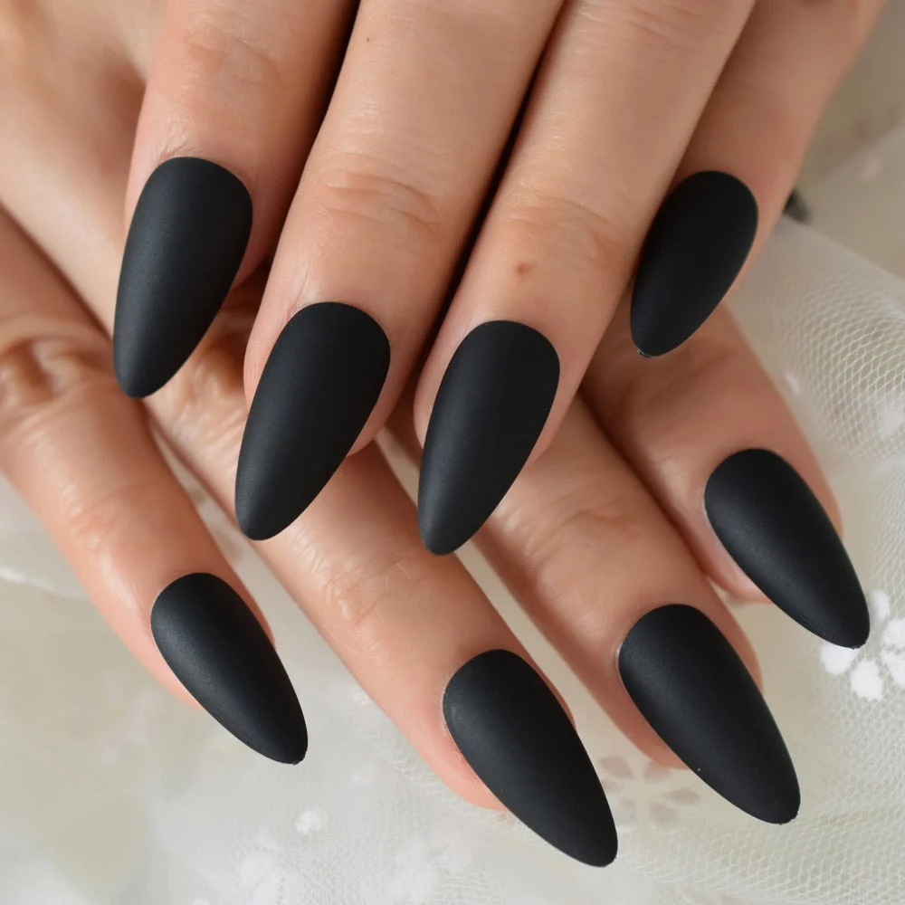 EchiQ Almond Press On Nails Black Ferns Pattern Matte Faux Ongles Beige Leaves Fashion Style Designed Tips 24-Nail Inspo