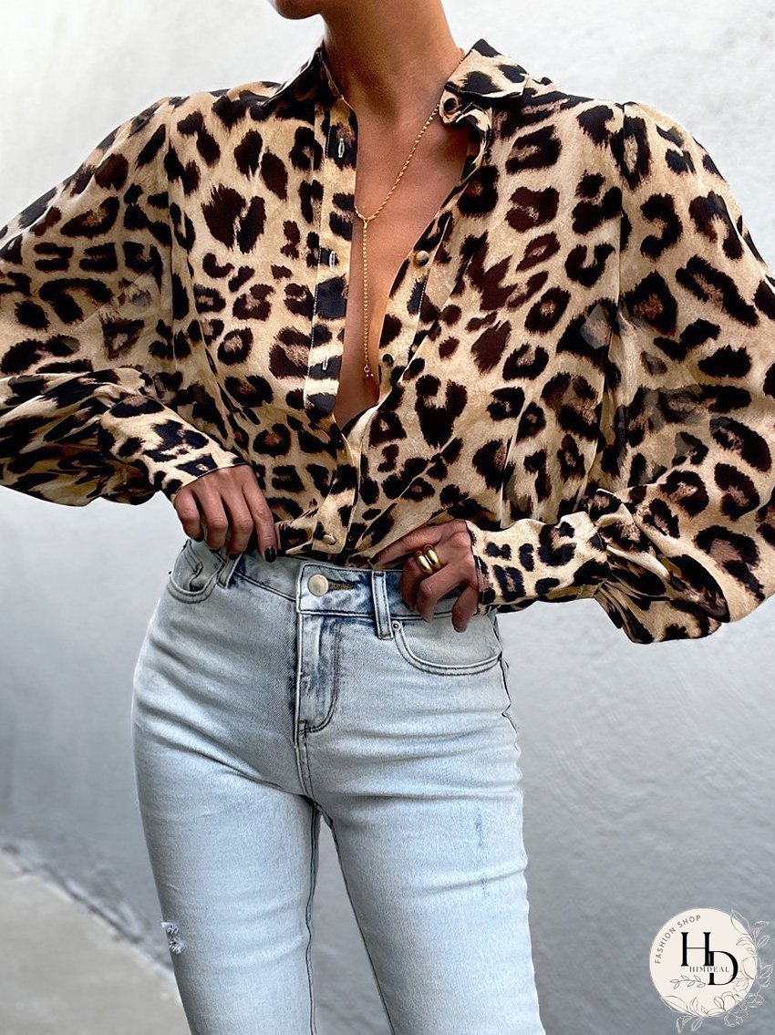 Blouses Leopard Print Bubble Long Sleeve Buttons Blouses for Women