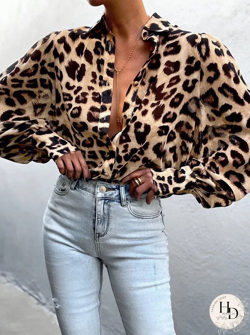 Blouses Leopard Print Bubble Long Sleeve Buttons Blouses for Women