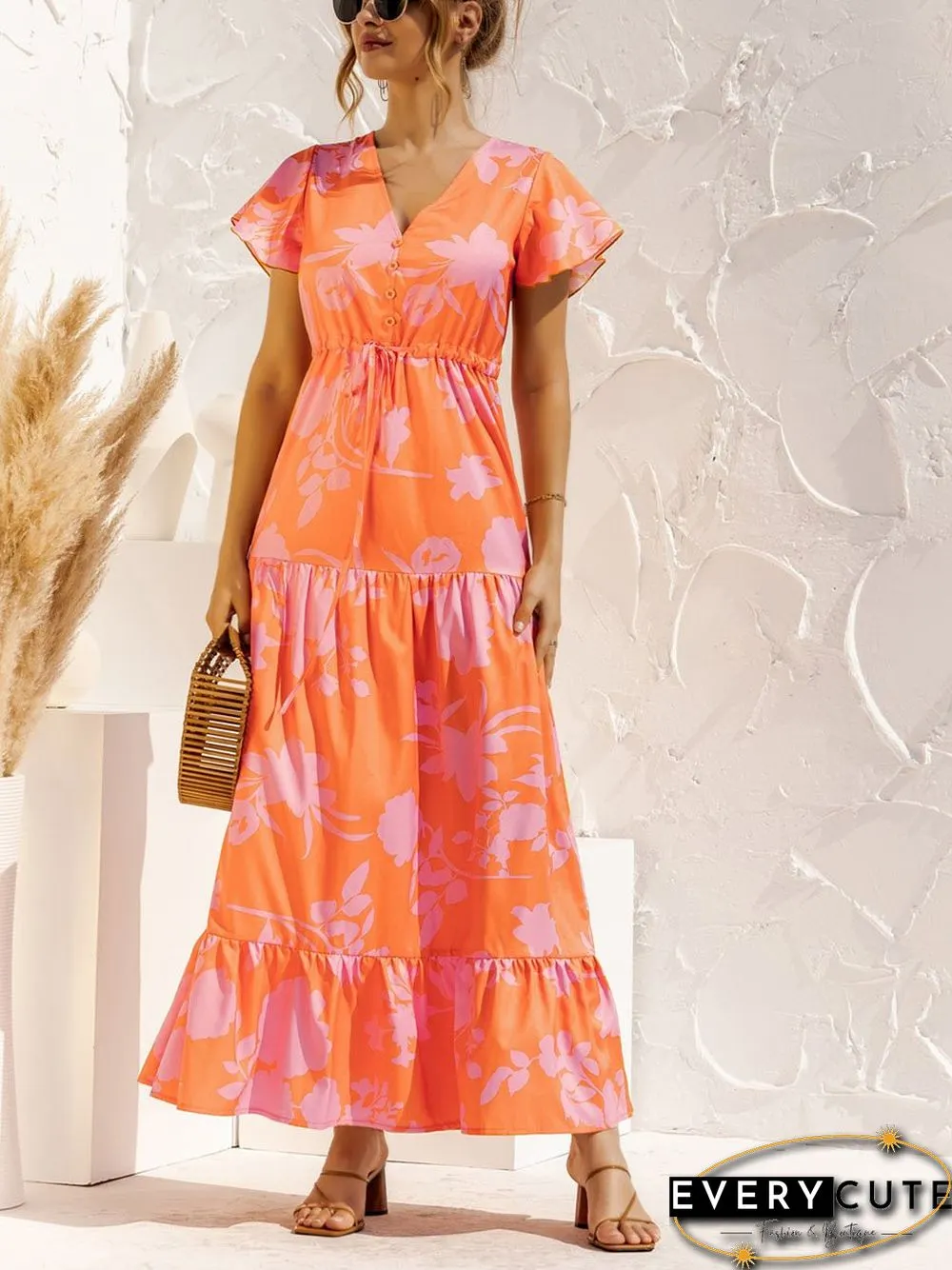 V-neck Floral Print Maxi Dress P16236