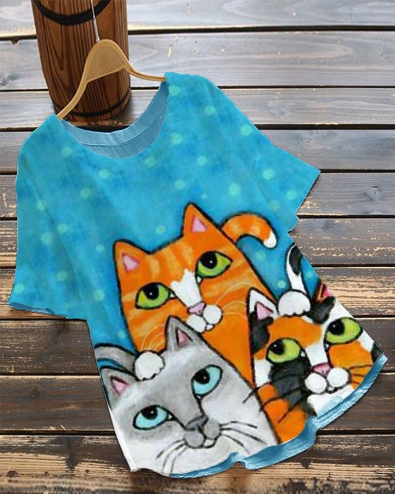 Halloween Casual Short-Sleeved T-shirt With Cat Witch Print