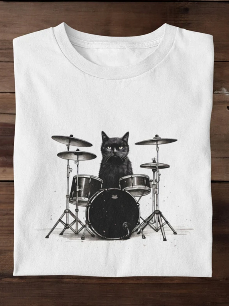  Men's Cat Drummer Print Short SleeveT-Shirt