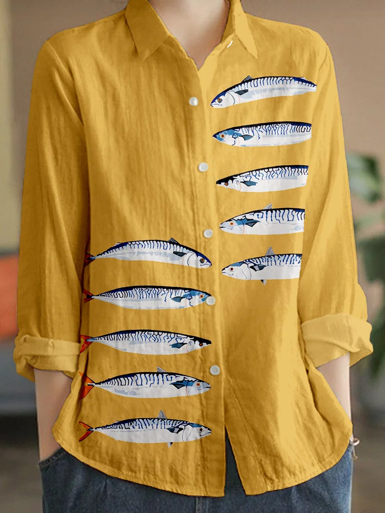 Funny Sardines Art Linen Blend Cozy Blouse