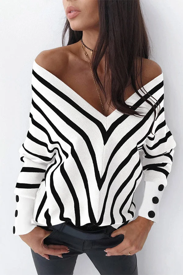 Fashion Off The Shoulder Striped V-neck Sweater