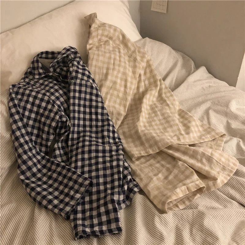 Gingham Pajama Set: Pocket-Detail Long-Sleeve Buttoned Top + Pants YP1301