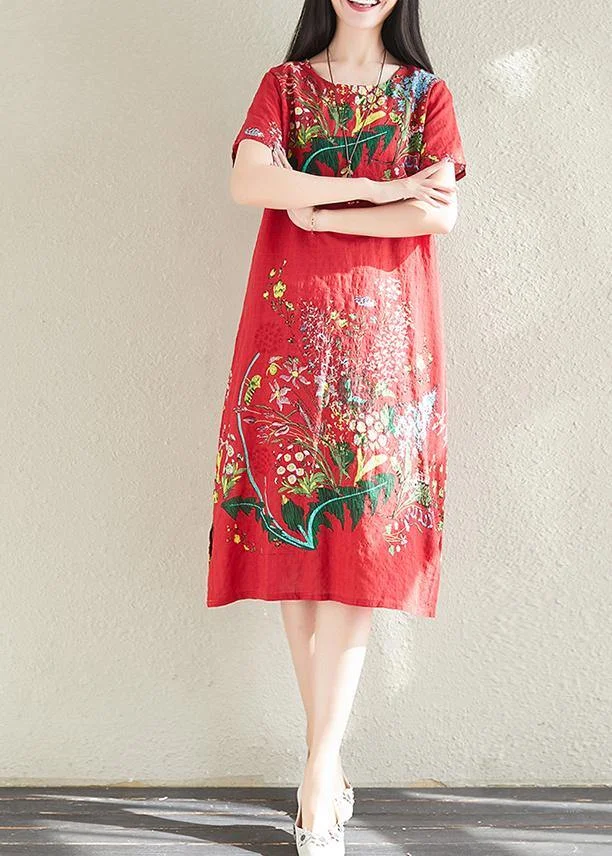 Modern print linen dresses Tunic Tops red Dress summer