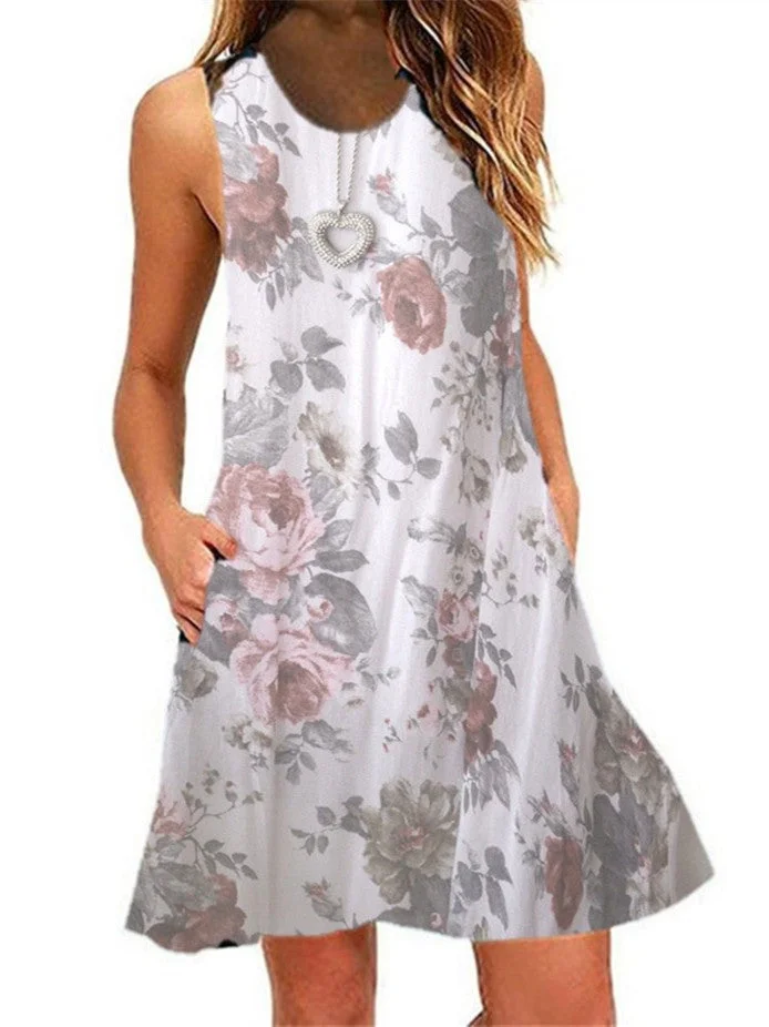 Women's Floral Printed Sleeveless Scoop Neck Midi Dress