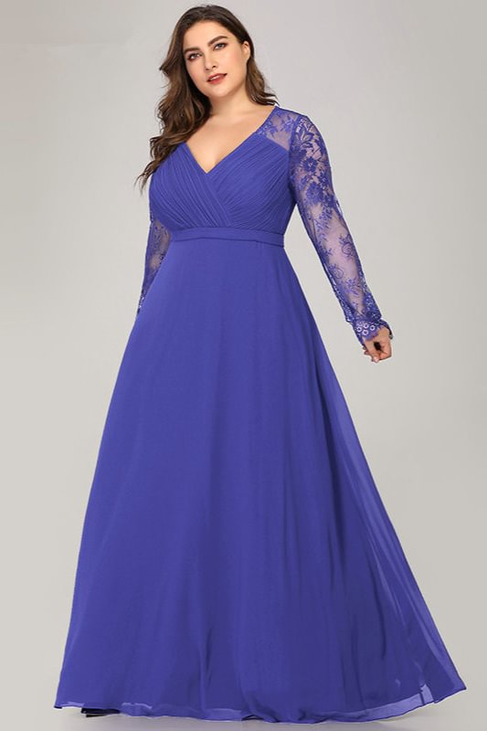 Plus Size Long Sleeve Lace V-Neck Evening Dress Online