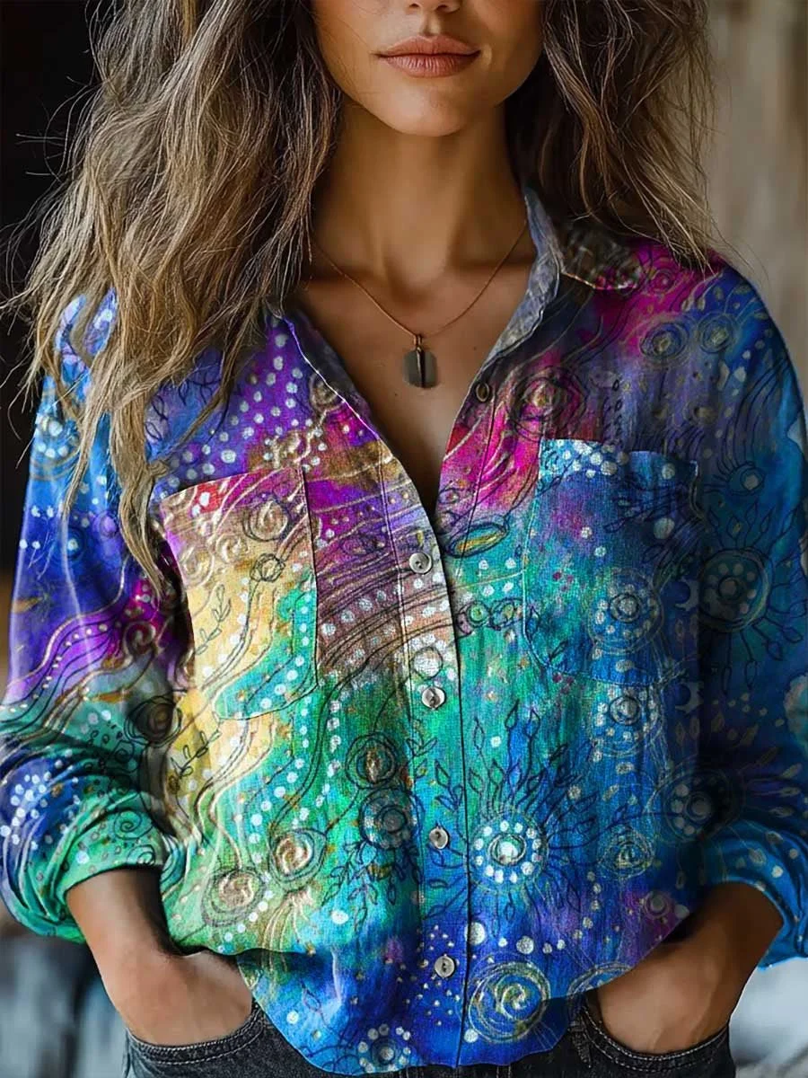 Women's Colorful Tie-Dye Polka Dot Pattern Art Print Casual Long Sleeve Comfortable Cotton Shirt