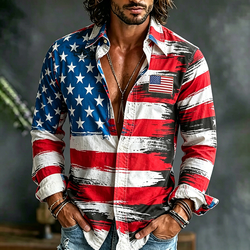  Men's Retro Independence Day Anniversary Flag Print Cotton Linen Shirt Westsshops