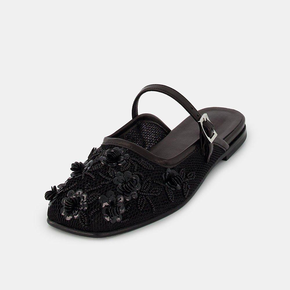 Black Floral Beads & Sequins Embellished Square Toe Flat Mules Nicepairs