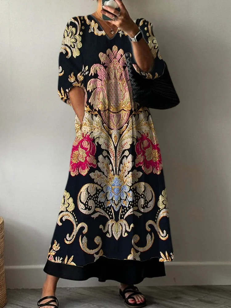 Women's Vintage Lovely Floral Art Print Pocket V-neck Cotton Dress
