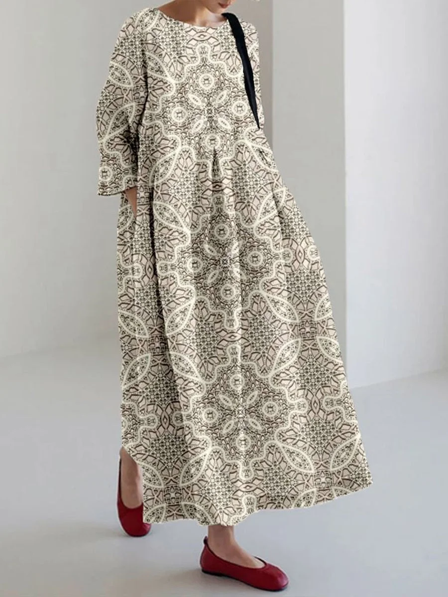 Women's  Vintage Lace Embroidery  Printed Pocket V-neck Cotton Dress