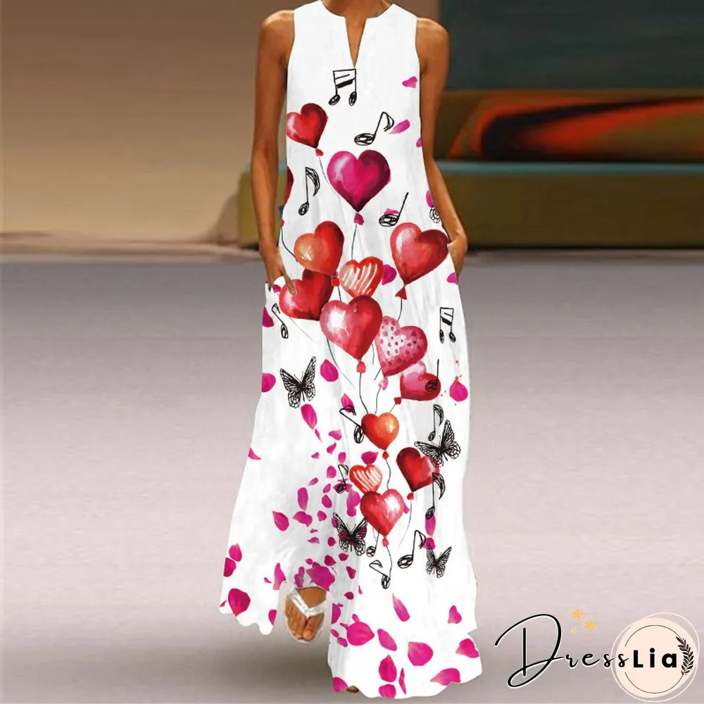 New Fashion Print Summer Dress Casual Sexy Boho Beach Women Party V-neck Sleeveless Pocket
