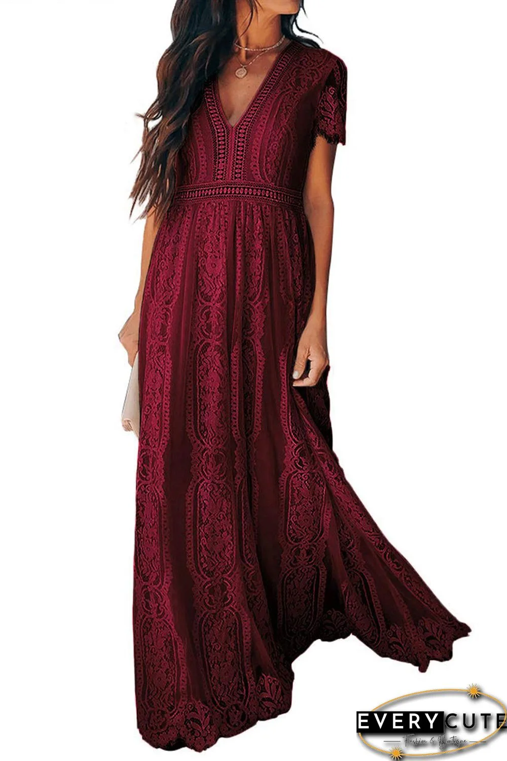 Burgundy Deep V Neck Short Sleeve Lace Maxi Dress