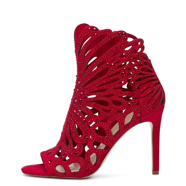 Red Strappy Sandals Peep Toe Hollow Out Heels Rhinestone Stilettos |FSJ Shoes