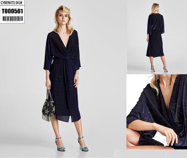 ZARA BASIC FESTIVE SEASON SHIMMERY V-NECK DRESS ( BLACK / BLUE ) 41" FROM SHOULDERS TO FEET - Shop Trendy Women's Clothing | LoverChic