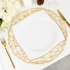 10 Pack | 10" White / Gold Wavy Rim Modern Square Plastic Dinner Plates, Disposable Party Plates