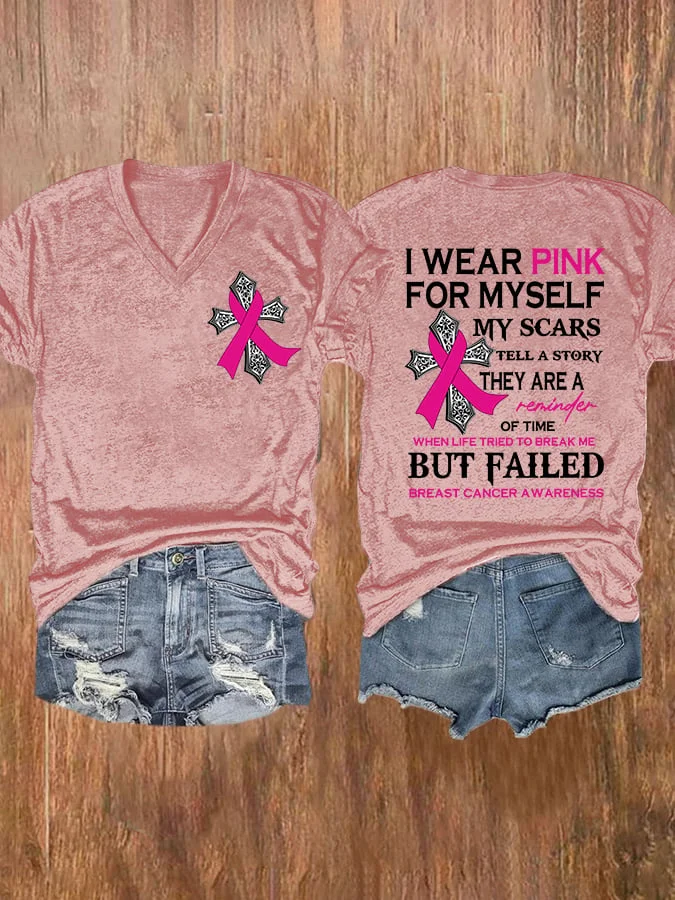 V-neck Faith Breast Cancer Awareness I Wear Pink For Myself Double Sided T-Shirt socialshop