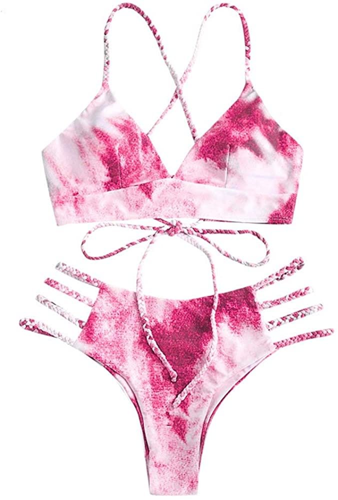 Women's Tie Dye Braided Straps Lace-up Bikini Set Plunging Collar Wire Free Padded Bathing Suit