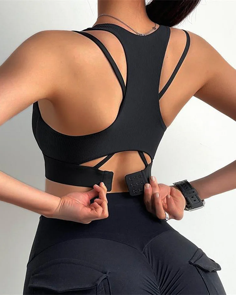 Solid Rib-Knit Criss Cross Sports Bra