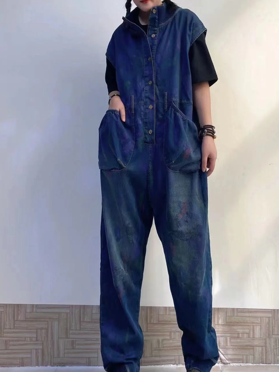 Women's Printed Gradient Casual Retro Wide-leg Workwear Denim Overalls Jumpsuit