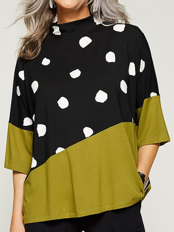 Oversize Long Sleeve Patchwork Dot Print Blouses