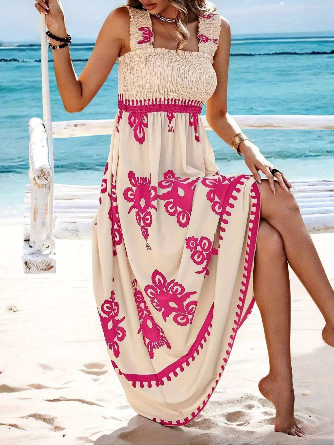 Women's Bohemian Sleeveless A-Line Dress - Square Neck Smocked Waist Long Maxi Dress With Ethnic Geometric Print, Machine Washable Non-Stretch Fabric For Beach Vacations & Casual Outings, Beach Dresses, Vacation Outfit, Flowy Skirt Style, Resort Wear | IFYHOME