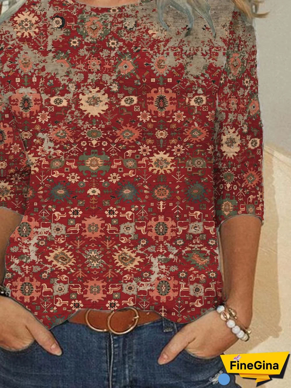 Casual Abstract Autumn Micro-Elasticity Loose Long sleeve Regular H-Line Regular Size T-shirt for Women