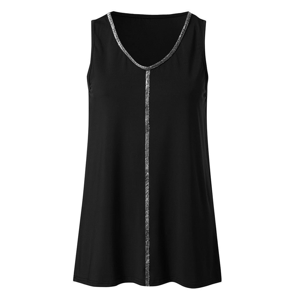 Plus Size Fashion Sequined T Shirt Vest tshirt Casual Summer Ladies Sexy V-Neck Tank Tops Female Women Sleeveless Shirt Blusas