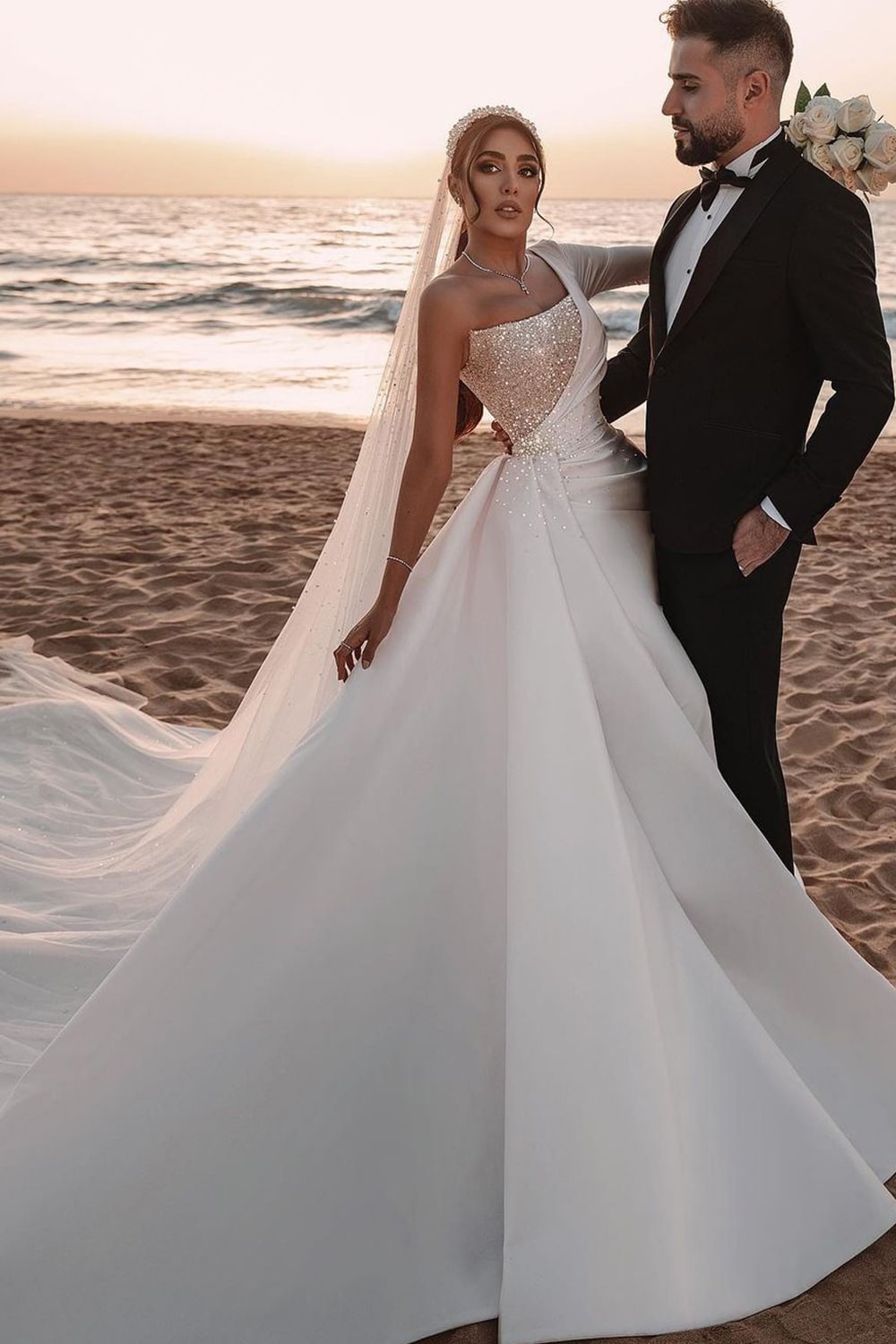 Modern Long Sleeves A-line One Shoulder Wedding Dress With Sequins | Ballbellas Ballbellas