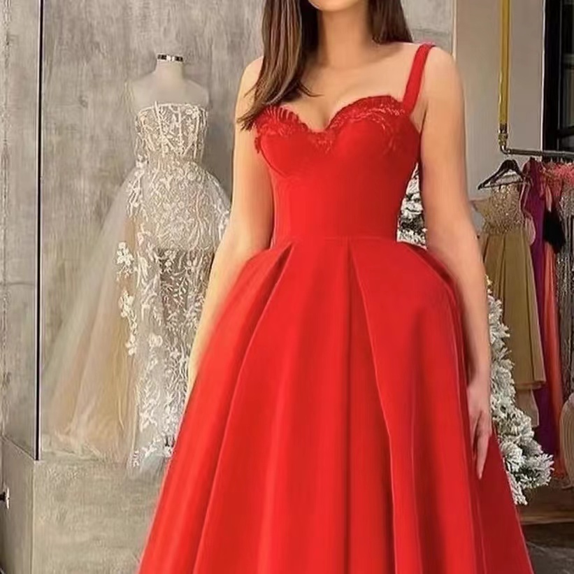 Daisda Red Straps Sweetheart Tea-length Evening Dress With Appliques