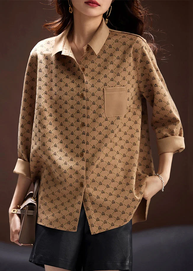 French Khaki Print Button Cotton Shirts Long Sleeve
