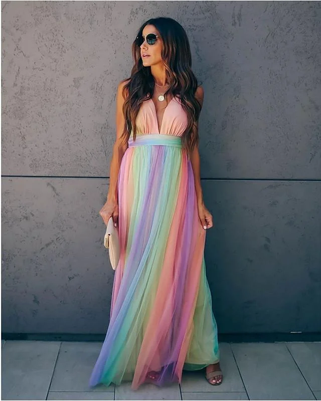 Women's Swing Dress Maxi long Dress Sleeveless Print Zipper Mesh Summer Sexy Rainbow S M L XL XXL | EGEMISS